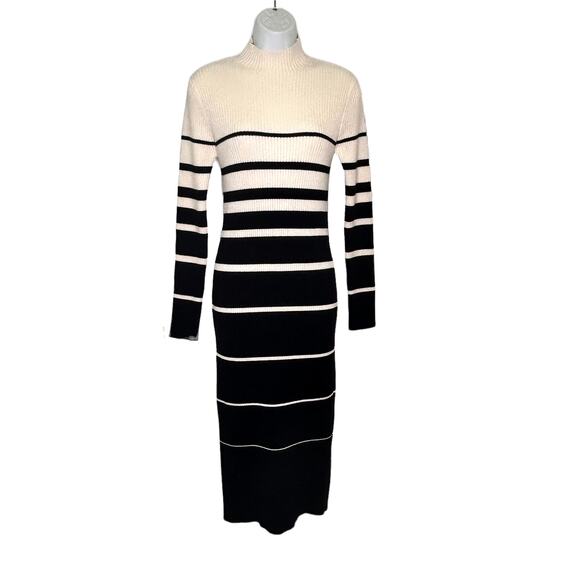 Stitchdrop Ribbed Black Cream Striped Mock Neck Midi Sweater Dress - Picture 2 of 9